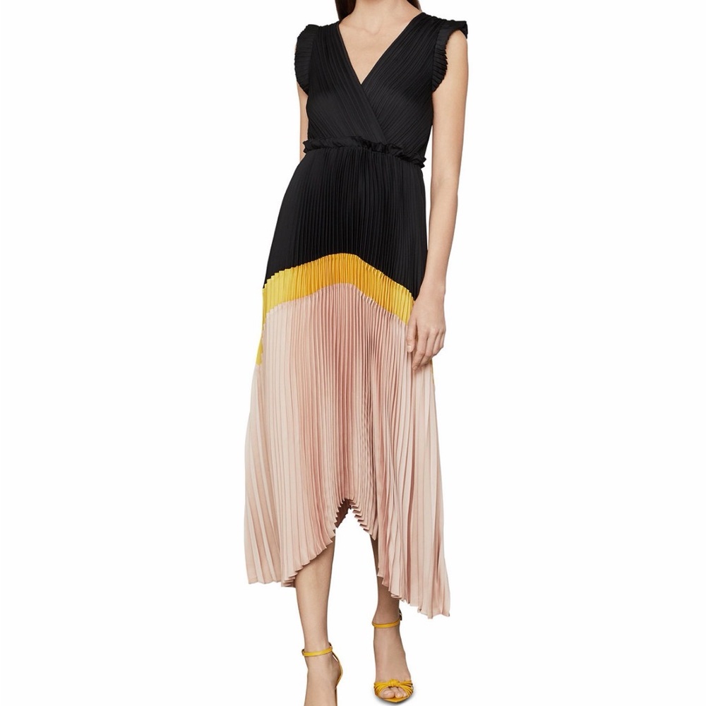 Colorblocked pleated satin dress